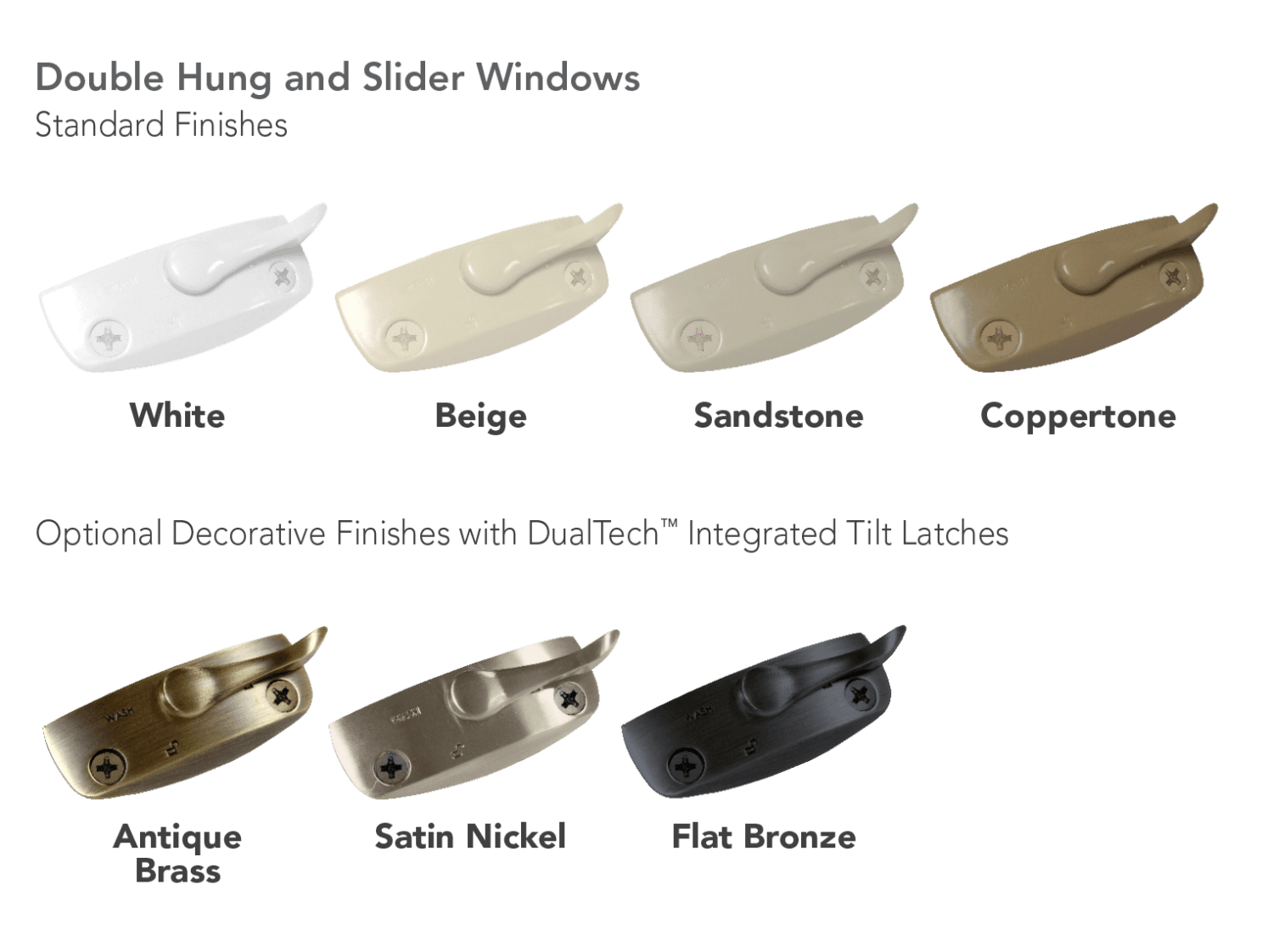 Seven window hardware finishes displayed: standard finishes in white, beige, sandstone, and coppertone; optional decorative finishes in antique brass, satin nickel, and flat bronze, each with integrated tilt latches