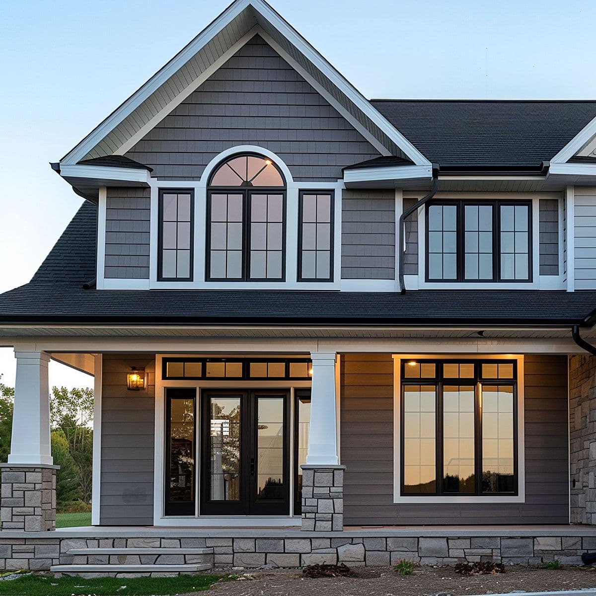 Modern two-story house with gray shingle siding, white trim, stone foundation, black-framed windows, and covered front porch with white columns