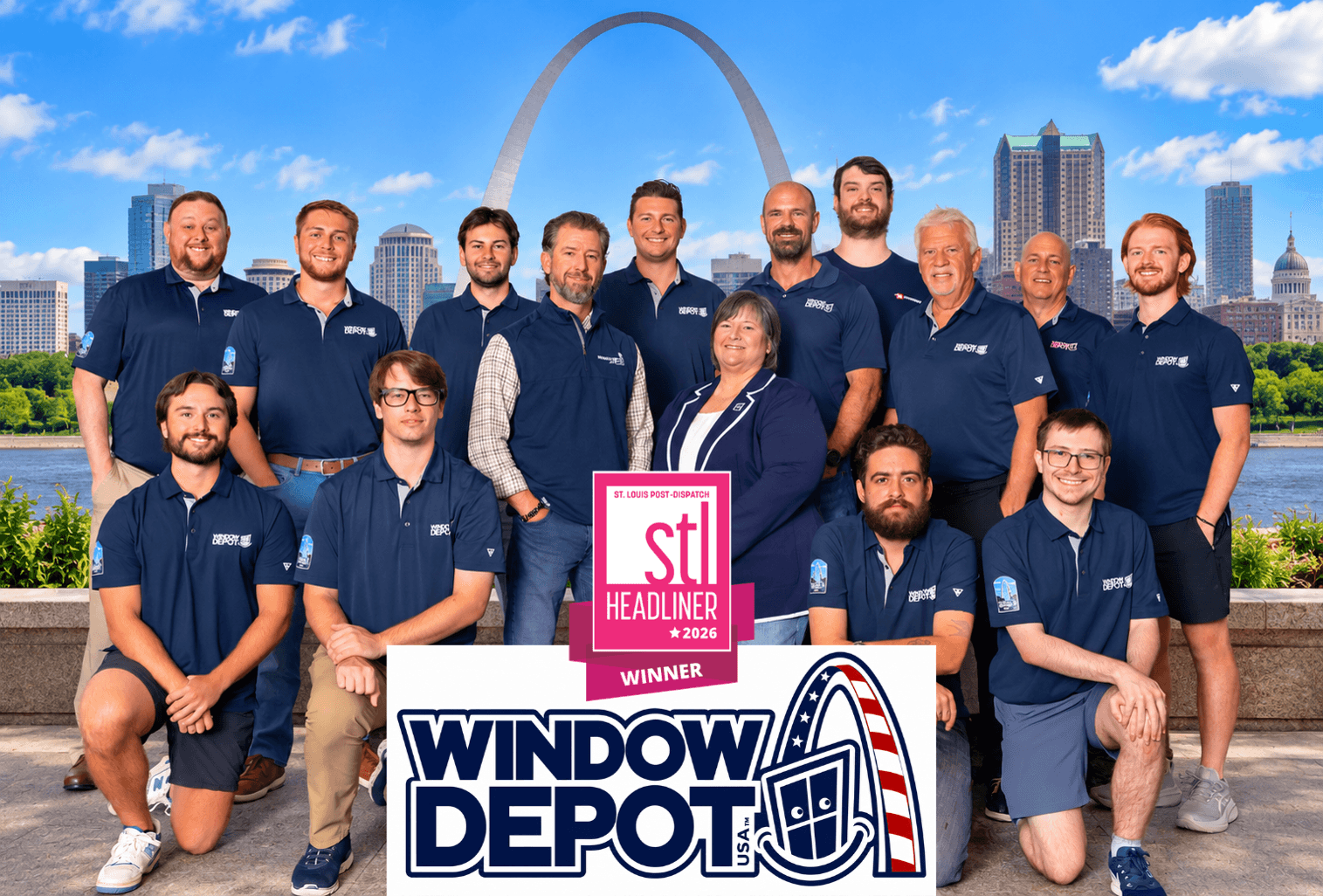 Team of Window Depot employees standing together in their showroom with blue walls and branded signage behind them