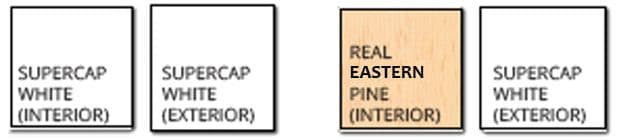 Four paint color swatches labeled Supercap White Interior, Supercap White Exterior, Real Eastern Pine Interior, and Supercap White Exterior