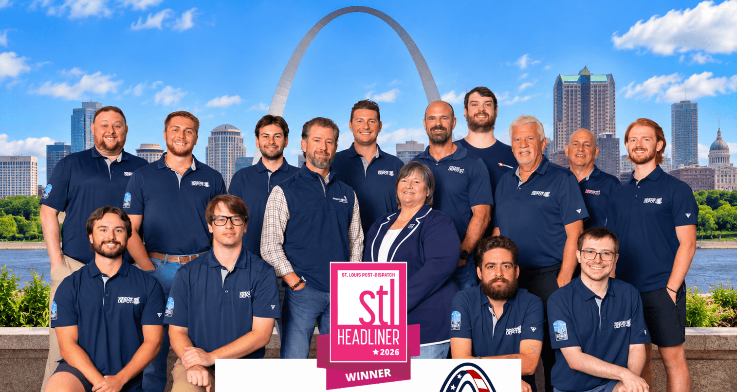 Window Depot STL team group photo in front of St. Louis Gateway Arch and skyline with STL Headliner 2026 Winner badge displayed